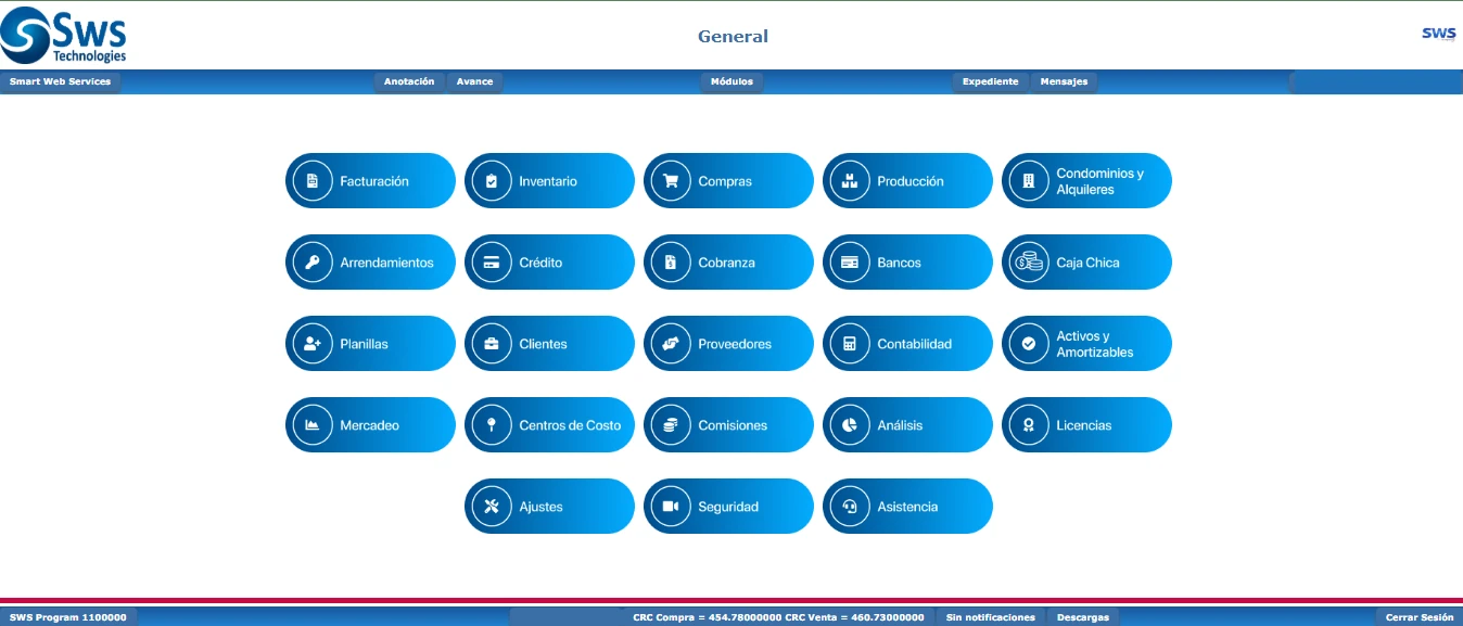 Pantalla principal de SWS ERP con los accesos a facturación, inventario, compras, producción, condominios, planillas, contabilidad y el resto de los módulos.