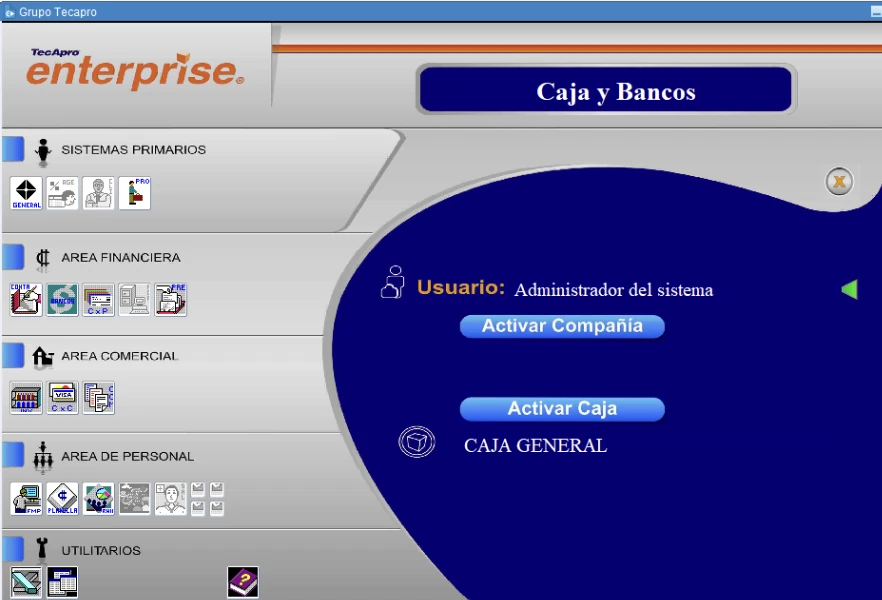 Pantalla de Enterprise ERP: módulo de Caja y Bancos con el menú de sistemas primarios, área financiera, área comercial y área de personal.