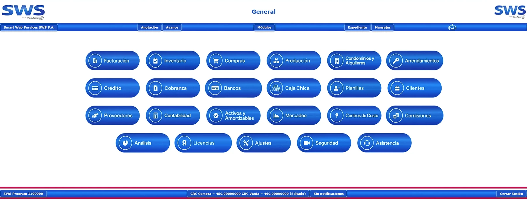 Pantalla principal de SWS ERP con los accesos a facturación, inventario, compras, producción, condominios, planillas, contabilidad y el resto de los módulos.